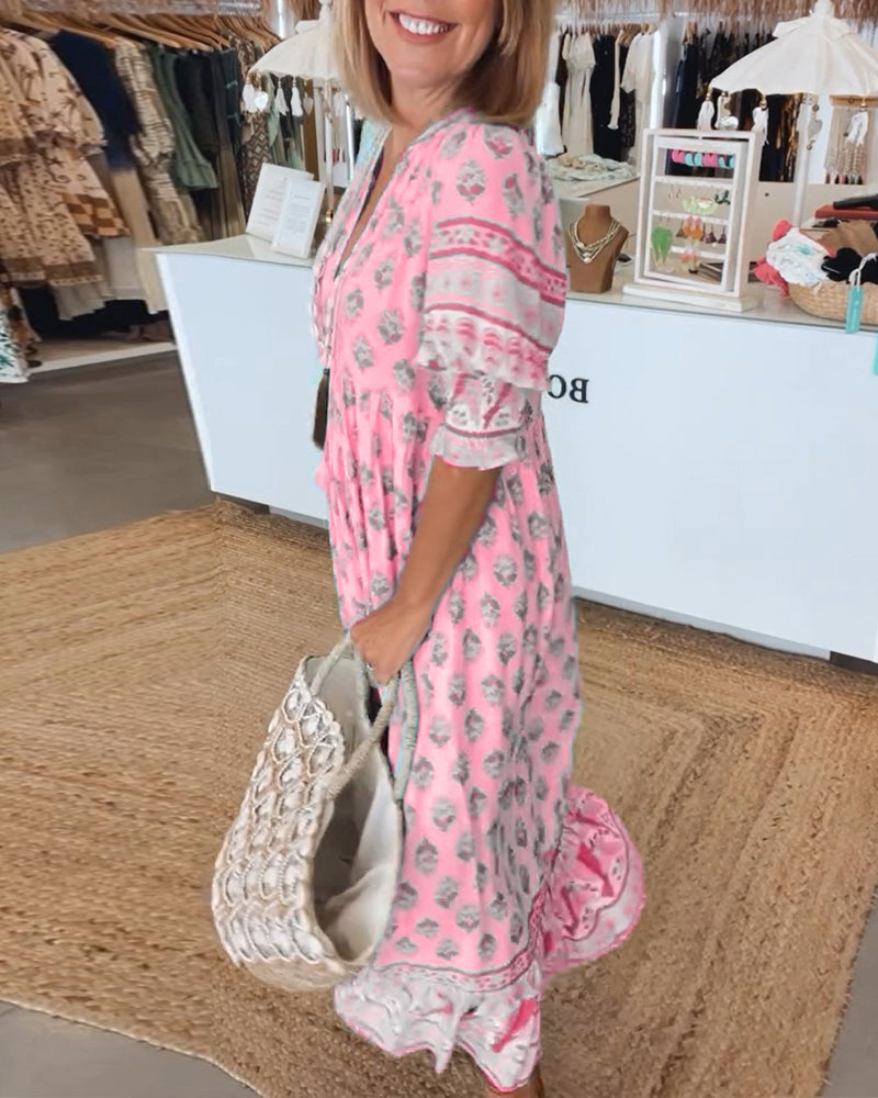 Melody | Printed V-Neck Half-Sleeve Dress
