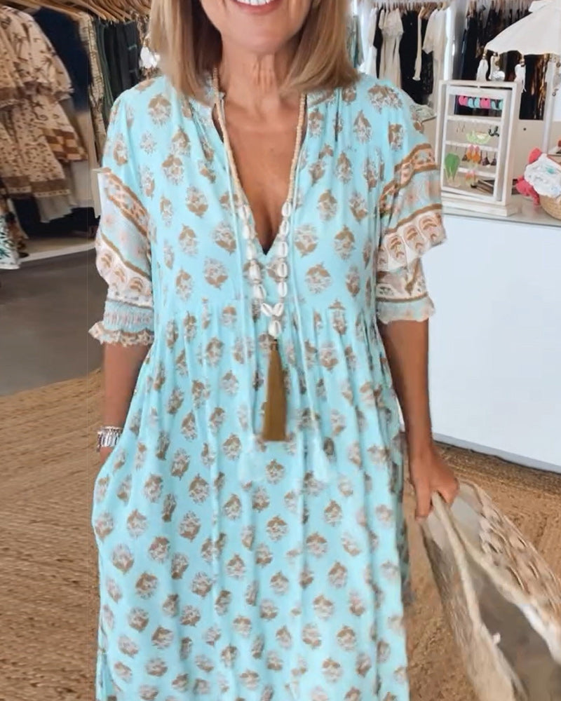 Melody | Printed V-Neck Half-Sleeve Dress